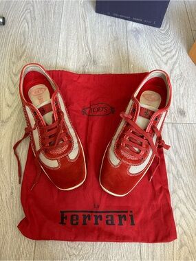 TOD'S X Ferrari Red Suede & Cream Mesh Sneakers